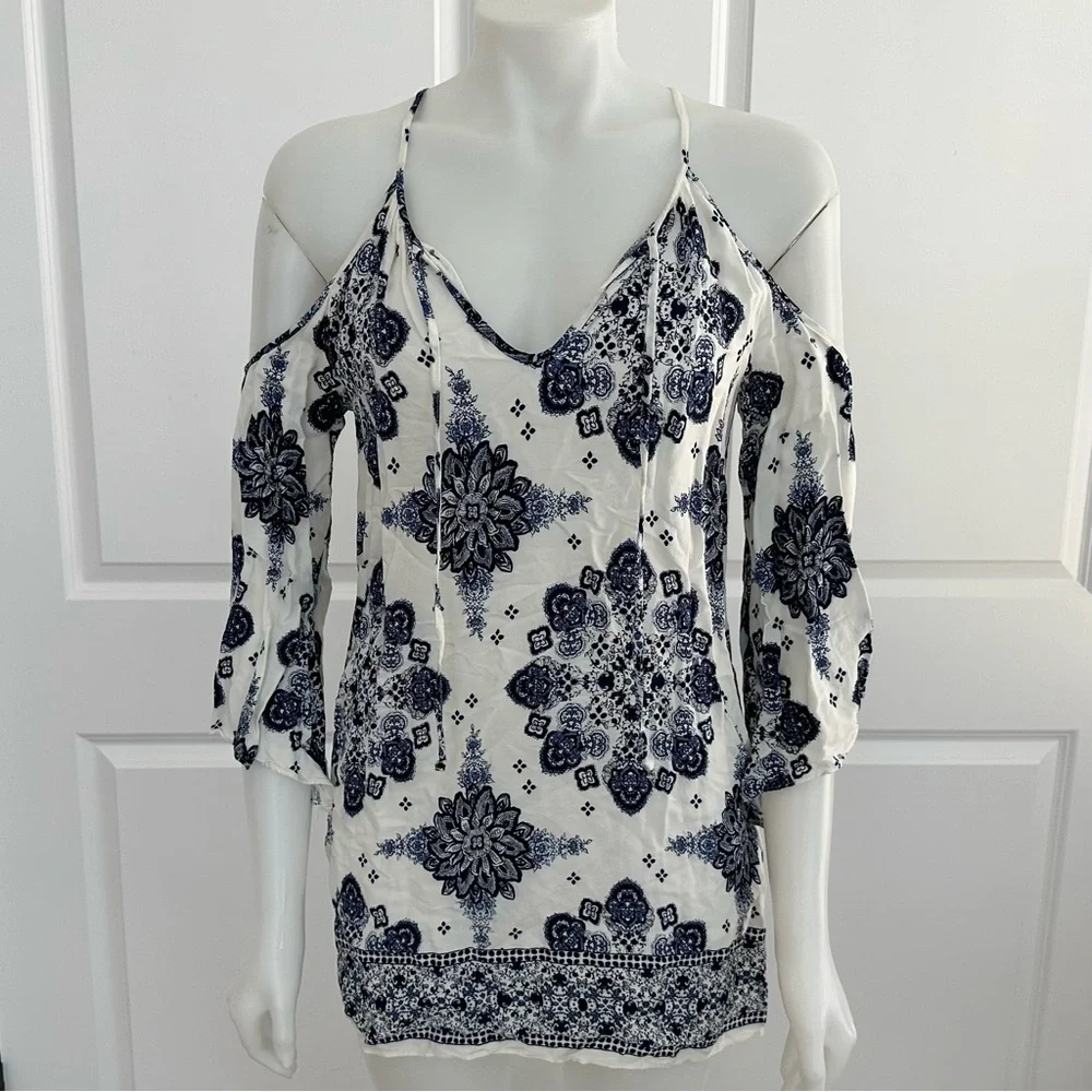 Blue & White Floral Paisley Print Boho Festival Cutout Dress - Picture 13 of 17